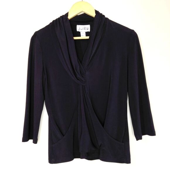 🦋3/$25 Joseph Ribkoff Size 8 Black Medium 3/4 Sleeve Draped Top - Picture 1 of 8